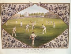 J F Weedon 36x26 Colour Print Titled 'English and Australian Cricketers'. Good Condition. All