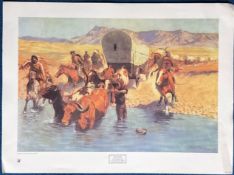 Frederic Remington coloured print titled 'The Emigrants' Approx 22 x 30. Good Condition. All