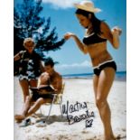 Martine Beswick signed 10 x 8 inch colour beach scene with Sean Connery. James Bond 007 Actress.