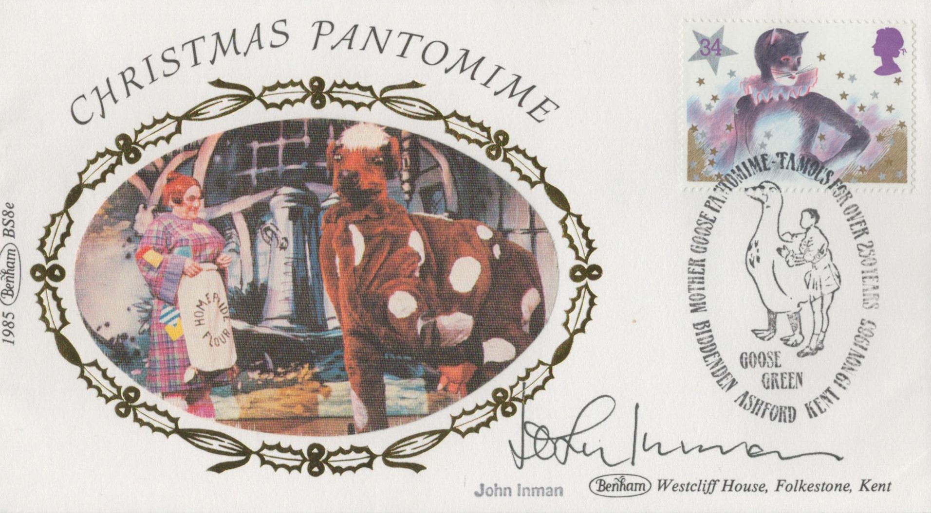 John Inman signed Christmas Pantomime Benham FDC PM Mother Goose Pantomime Famous for Over 250 years