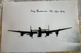 WW2 Bomber Command veteran Flt Lt Doug Packman 630 sqn signed 12 x 8 inch b/w Lancaster in flight