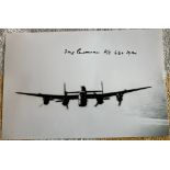 WW2 Bomber Command veteran Flt Lt Doug Packman 630 sqn signed 12 x 8 inch b/w Lancaster in flight