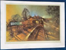Barrie A F Clark coloured print titled 'Bishopsbourne Station'. Approx 26 x 36. Good Condition.