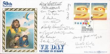 9 Signed 50th Anniversary VE Day in Europe FDC. Signed in pencil by Tom Sayers, Rusty Waughman,