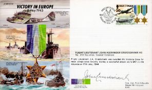 Flt Lt John Cruickshank Signed Victory in Europe FDC. Isle of Man Stamp and PostmarkAll autographs