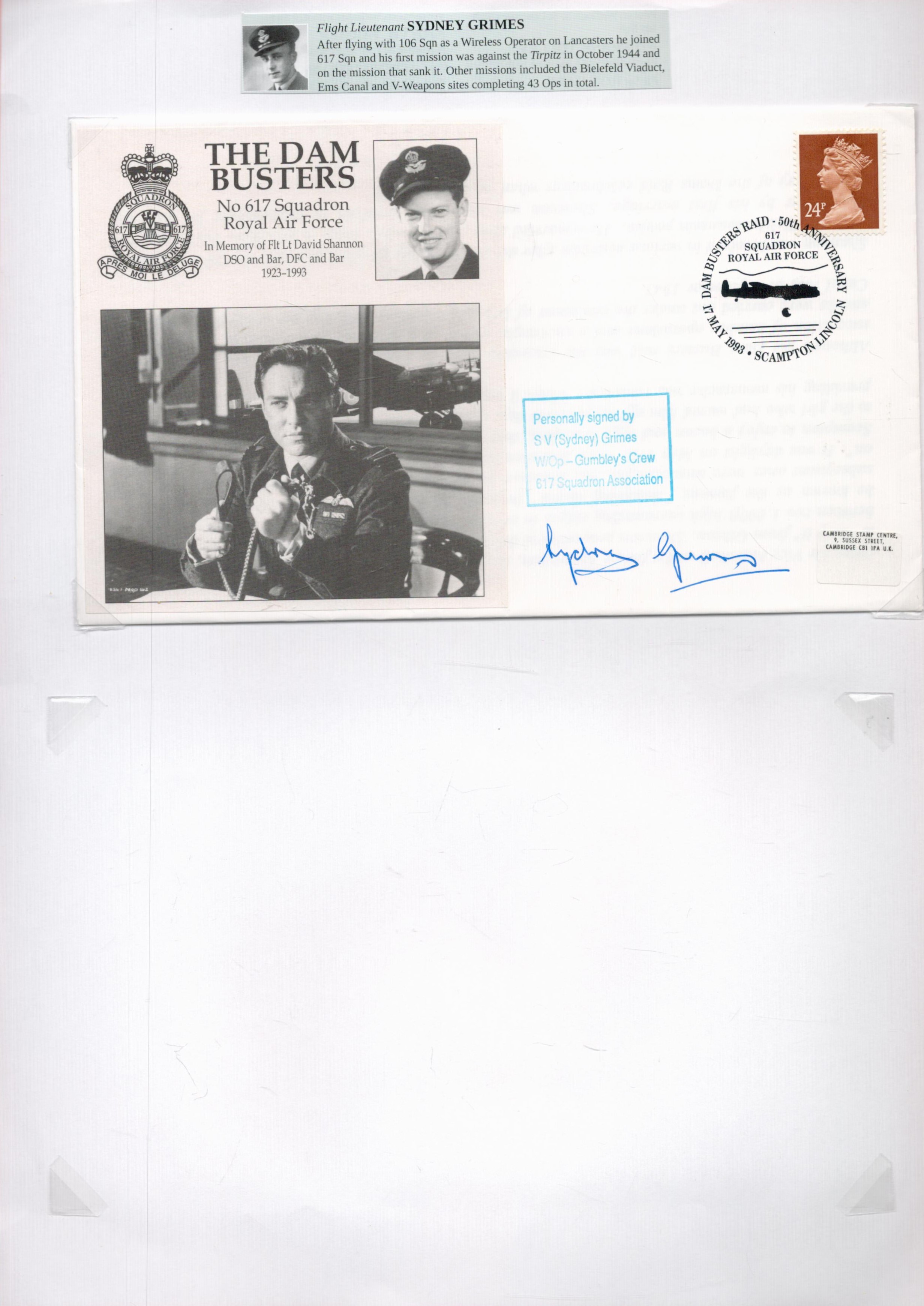 Flt Lt Sydney Grimes (617 Squadron) Signed The Dam Busters FDC. British Stamp and postmark. Grimes
