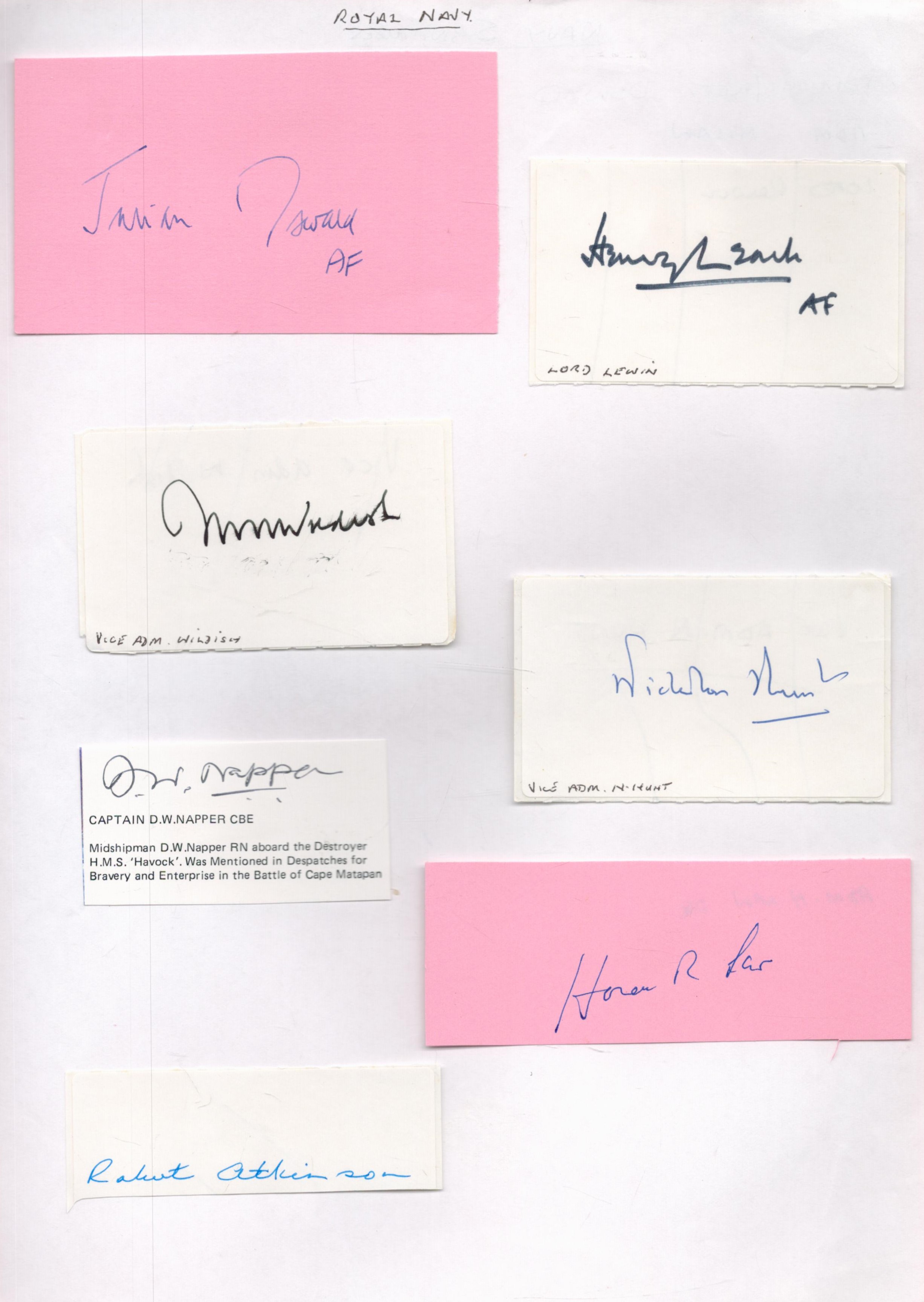 Royal Navy Collection of 7 Admiral Autographs. Signatories include Henry Leach, N Hunt, Robert