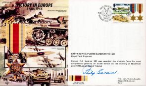 Captain Philip John Gardner VC Signed Victory In Europe FDC. Isle of Man Stamp and PostmarkAll