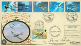 AVM Johnnie Johnson Signed The Supermarine Spitfire- RJ Mitchell FDC. 5 British Aircraft Stamps with