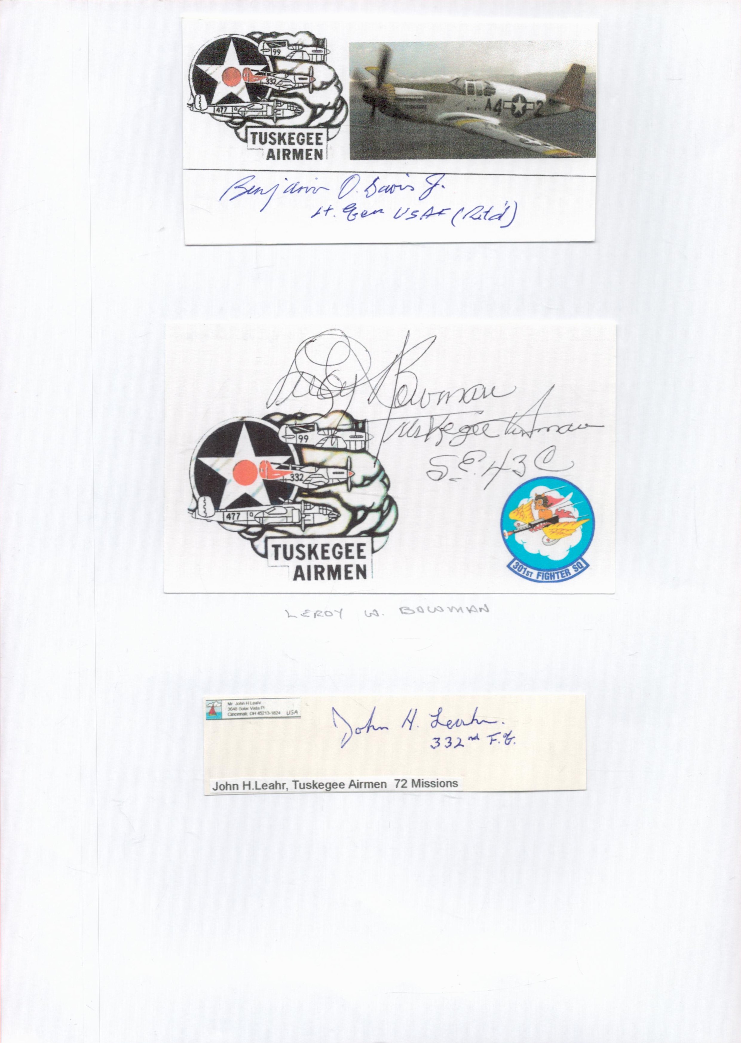 Tuskegee Airmen Benjamin Davis, Leroy Bowman and John Leahr Signed Signature Cards, Attached to A4