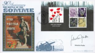 Sebastian Faulks Signed 90th anniversary of the Battle of the Somme FDC with British Stamp and 9 Nov