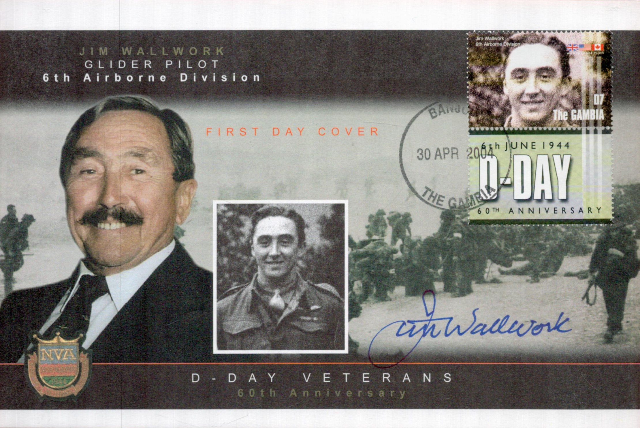 Jim Wallwork Signed on His own D-Day Veterans First Day Cover. The Gambia Stamp with 30 Apr 2004