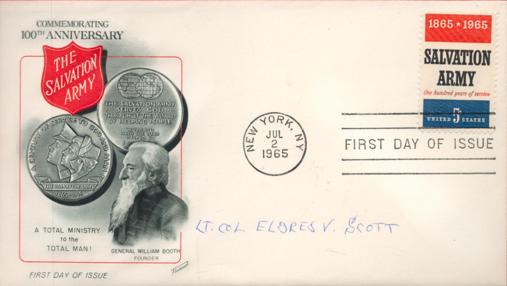 Dolittle Raider Eldred Von Scott Signed The Salvation Army First Day Cover. Jul 2 1965 Postmark.