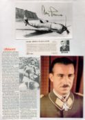 Adolf Galland Signed small black and white photo, attached to A4 Plain Paper with Colour Photo and