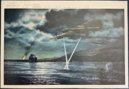 10 Signed Colour Print Showing Lancaster Bombers Dropping Bouncing Bomb Towards the Dams in Germany.