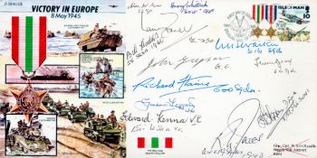 13 Signed Victory In Europe FDC. Signatures include Alan W Gear, Ian Frazer VC, Richard Haine,