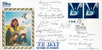 10 Signed 50th Anniversary VE Day in Europe FDC. Signed by Bernard Maybey, Hal Gardner, Geo Dunn,