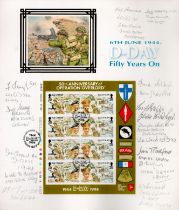 15 Signed D-Day 50th Anniversary of Operation Overlord Mint Stamp Sheet, Attached to D-Day Card with
