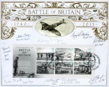 9 Signed The Battle of Britain Large FDC with Mini Stamp sheet. Signatures include Tom Neil, Tim