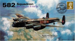 WW2 W/O B Leach DFM Signed 582 Squadron FDC. 121 of 141. British Stamp with 24 April 2005