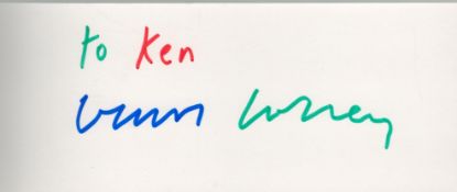 David Hockney, a signed and dedicated (in green, red and blue ink) white 6. 5x3 card. A British