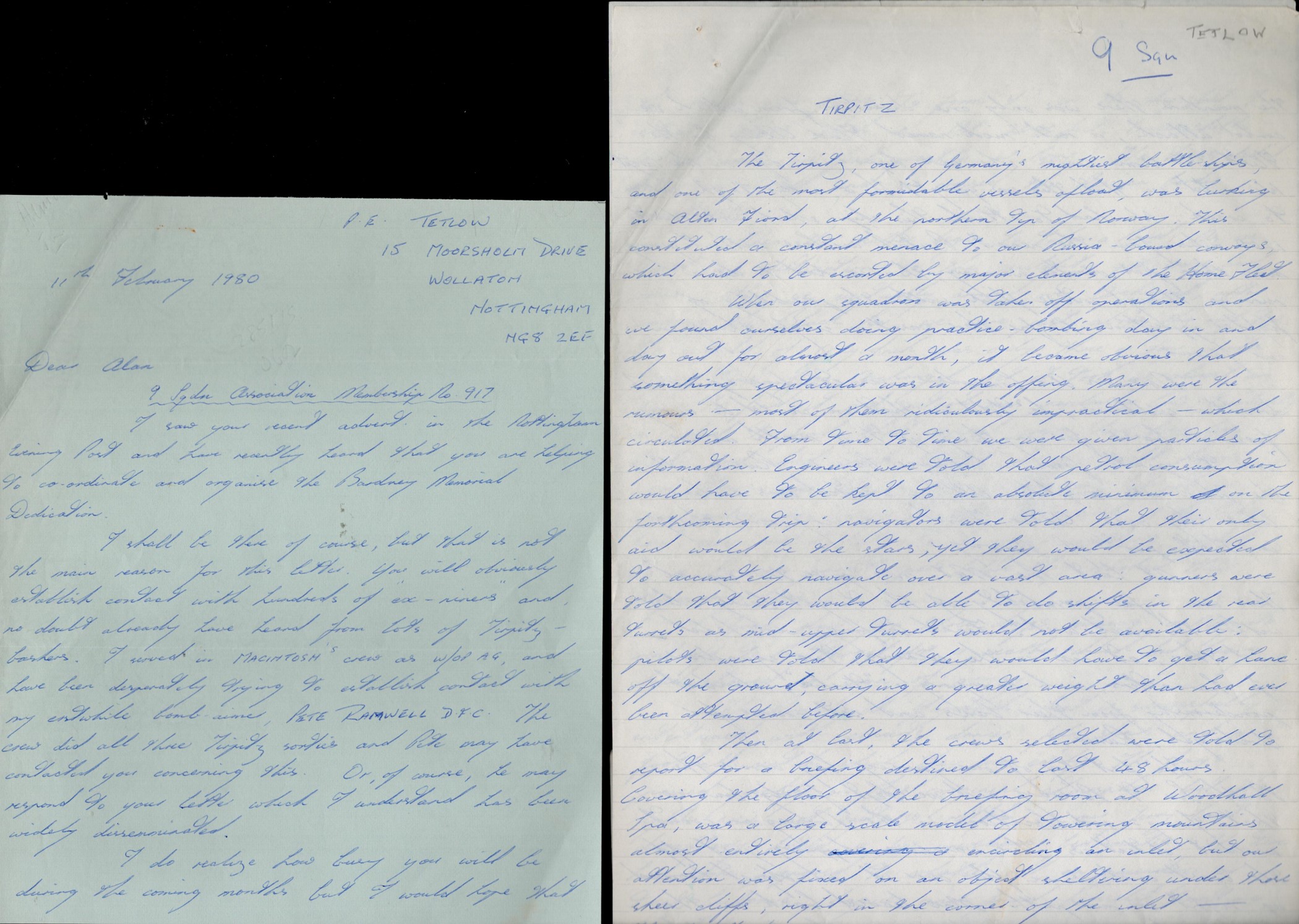 Tirpitz Raid veteran Philip Tetlow multiple page ALS dated 11 February 1980 in which he writes about - Image 2 of 2