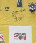 Football Pele signed 33x28 framed and mounted replica Brazil shirt inscribed good luck Pele. Good