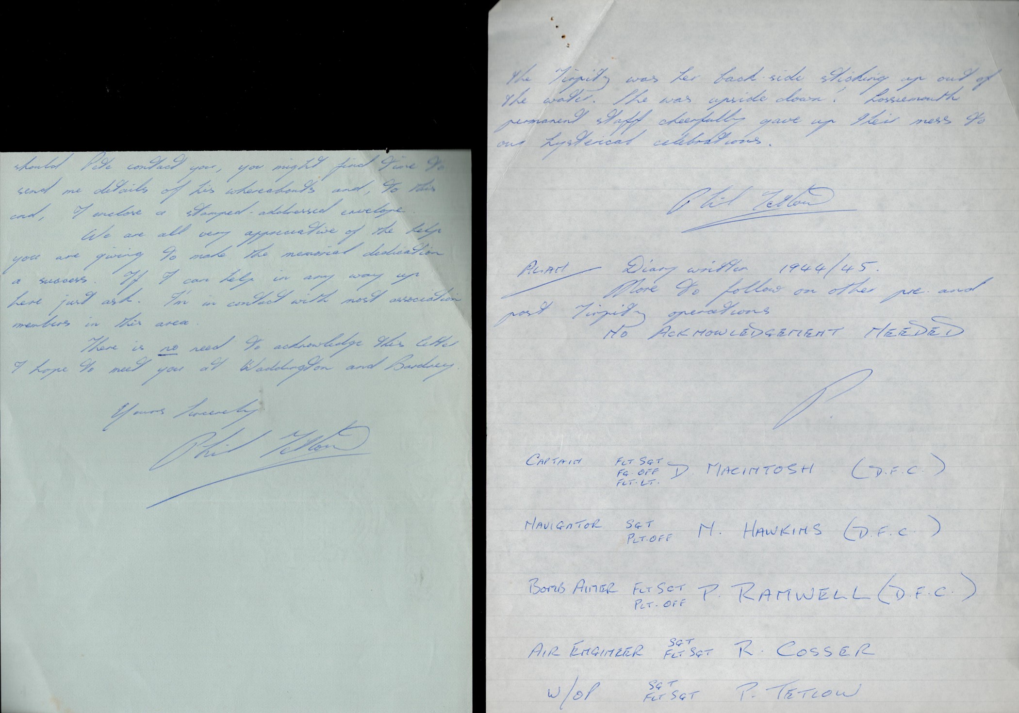Tirpitz Raid veteran Philip Tetlow multiple page ALS dated 11 February 1980 in which he writes about
