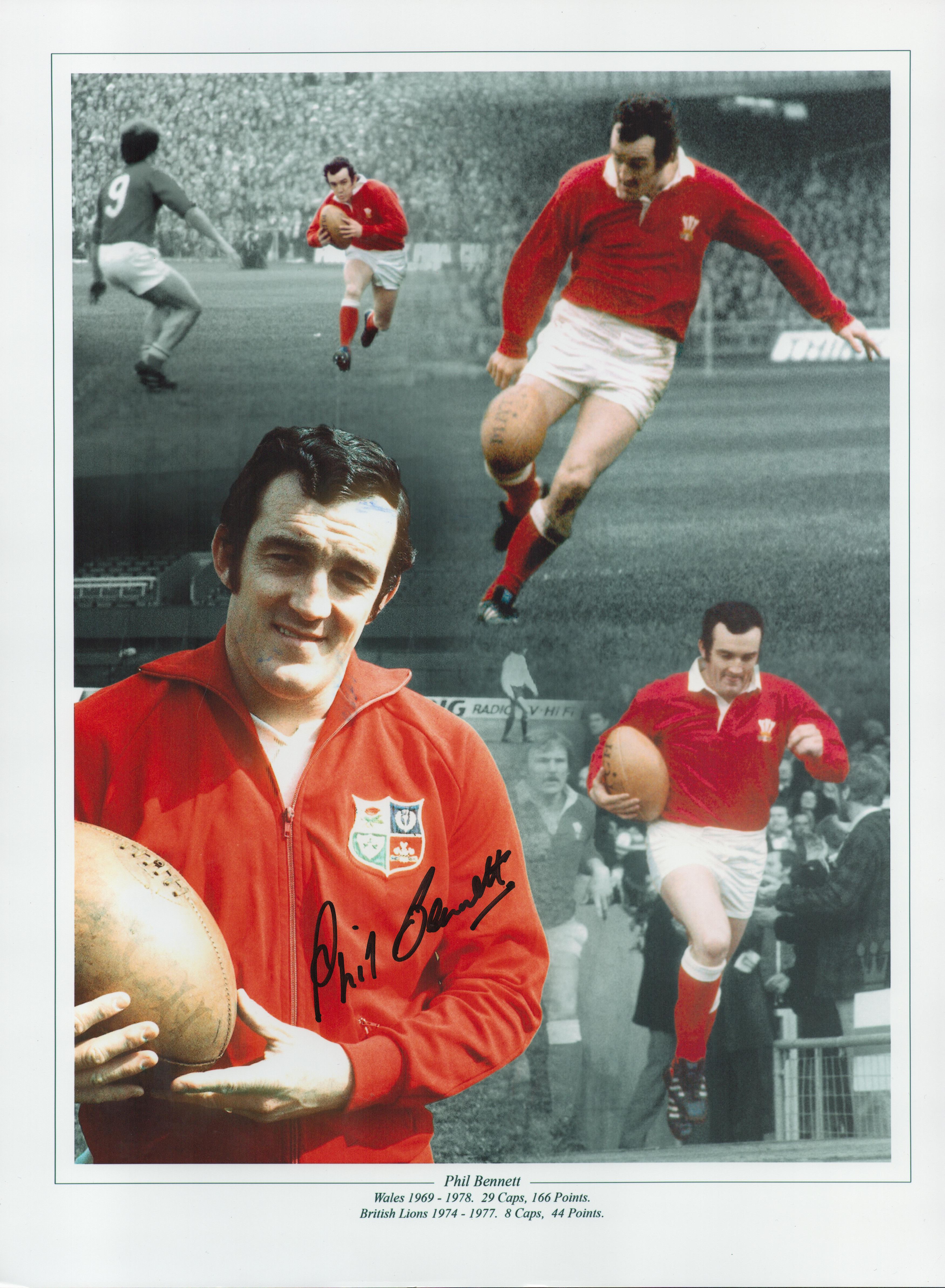Rugby Phil Bennett signed 16x12 Wales and British Lions colourised montage print. Good Condition.