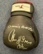 Boxing Legends Dennis Andries, Alan Minter and Ken Buchanan multi signed Black Boxing glove. Good