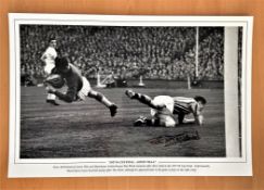 Football, Peter McParland signed 12x18 black and white photograph picturing him in action for