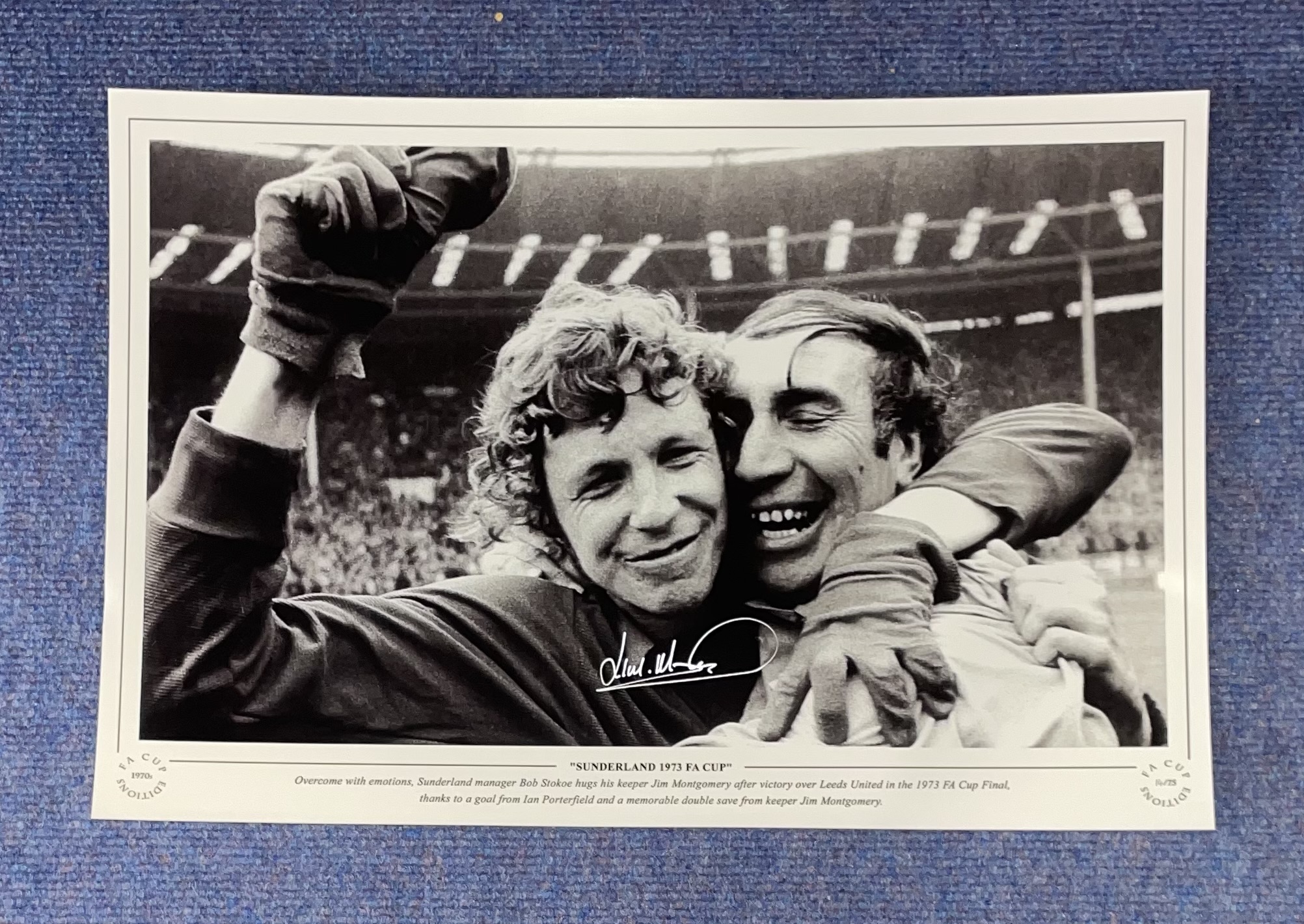 Jim Montgomery signed Sunderland 1973 FA Cup 16x12 black and white print. Overcome with emotion ,