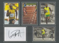 Athletics Usain Bolt Signed Signature Piece with 4 Fantastic Photos, Mounted Professionally to an