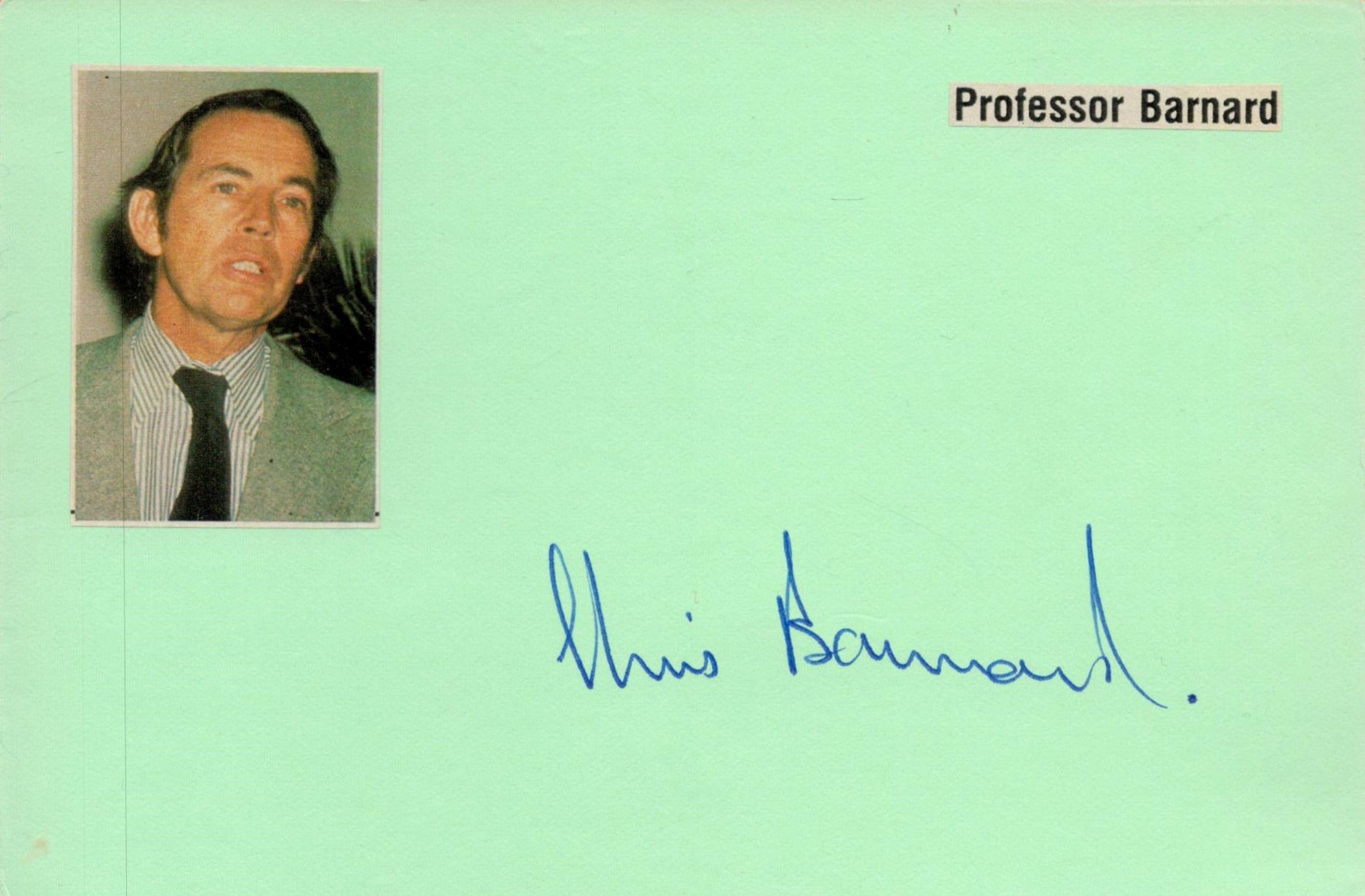 CHRISTIAAN BARNARD Signed 6x4 inch Green Autograph Album Page. Good condition. All autographs come