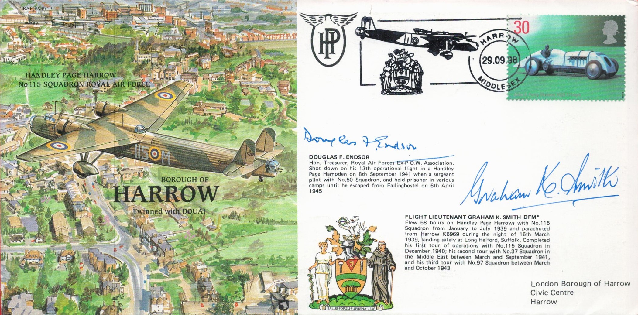 Flt Lt Graham Smith and Douglas F Endsor Signed HARROW FDC. 222 of 500 Covers Issued. British