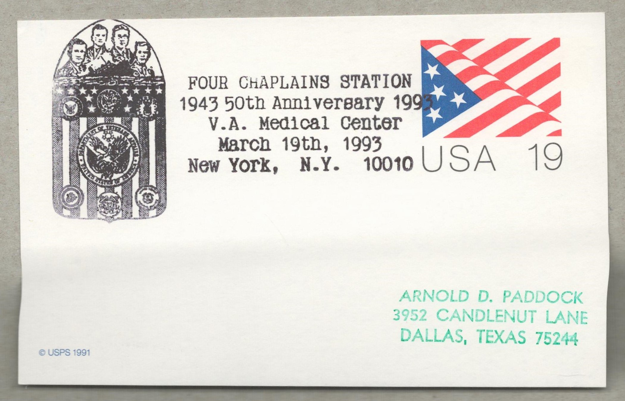 Four Chaplins Station memorial cover PM Four Chaplins Station 1943 50th Anniversary 1993 V. A