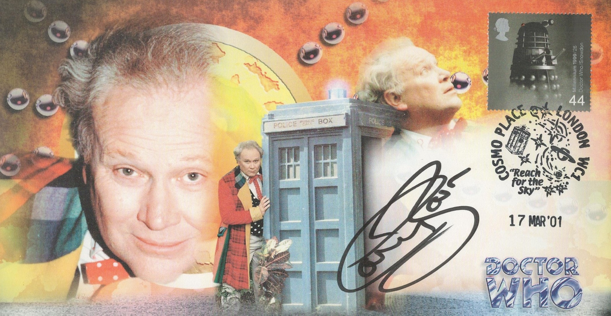 Colin Baker signed Doctor Who FDC. Includes 2 postmark 26/3/2013 First day of issue and 5 stamps.