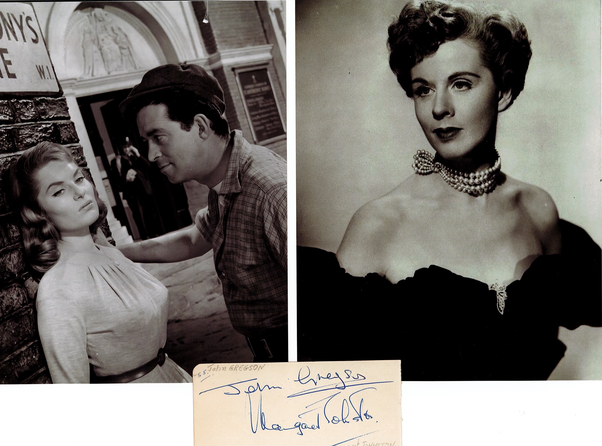 John Gregson and Margaret Johnston Signed Signature Page With 2 Black and White Photos of Each. Good