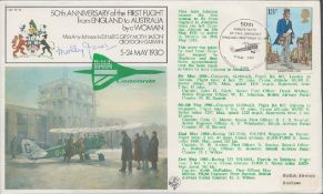 Molly Jones Signed 50th Anniv 1st Flight England To Australia By Women FDC. British Stamp with 5 May