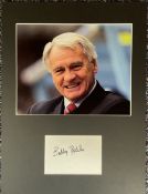 Football Bobby Robson Signed White Signature Card, With Colour Photo, Mounted Professionally to an
