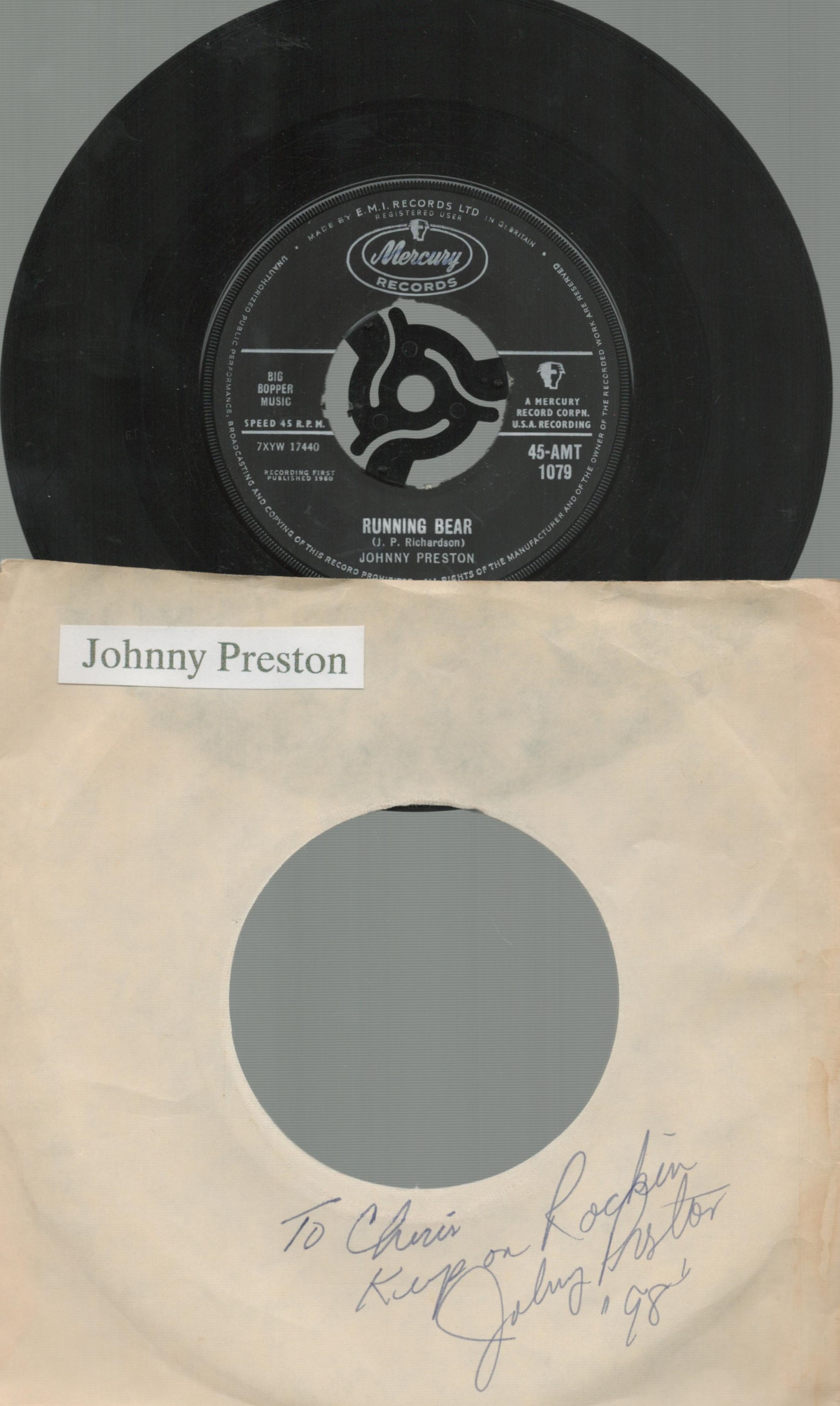 Johnny Preston signed record sleeve includes Mercury Records 45rpm Running Bear. Good condition. All