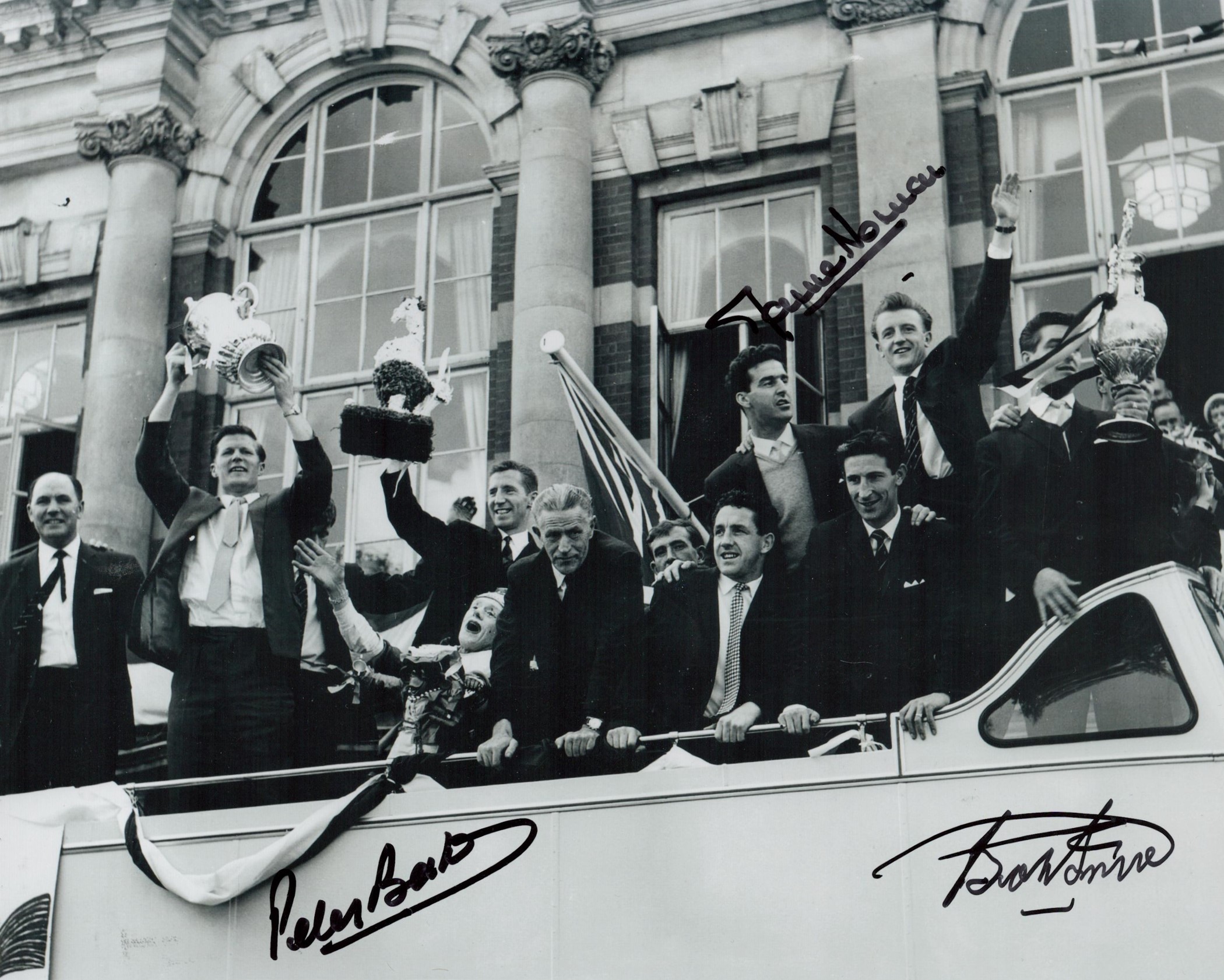 Football THFC Stars Bobby Smith, Peter Baker and Maurice Norman Signed 10x8 inch Black and White