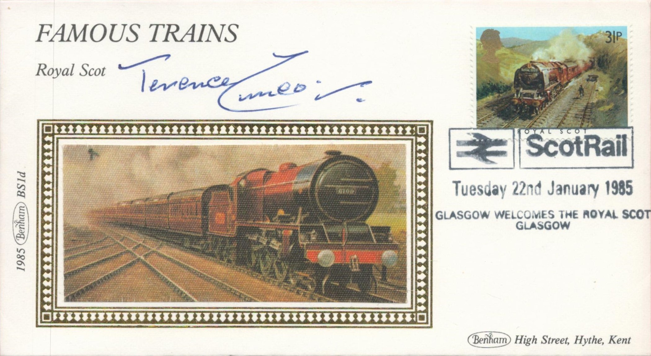 Artist Terence Cuneo signed 1985 Benham small silk Royal Scot Railway FDC. Good condition. All
