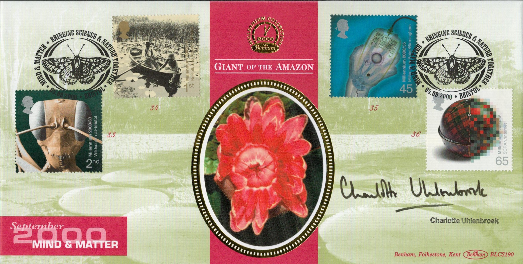 Charlotte Uhlenbroek signed Giant of the Amazon FDC. 2 Postmarks 05/09/2000 and 4 stamps. Cover