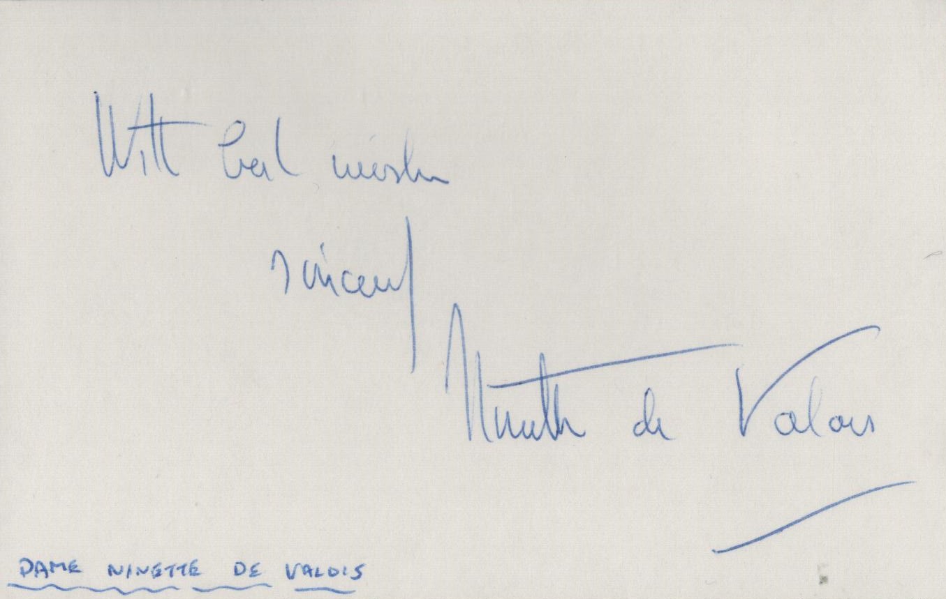 Dame Ninette de Valois signed 5x3 white card. Dancer/choreographer. Good Condition. All autographs