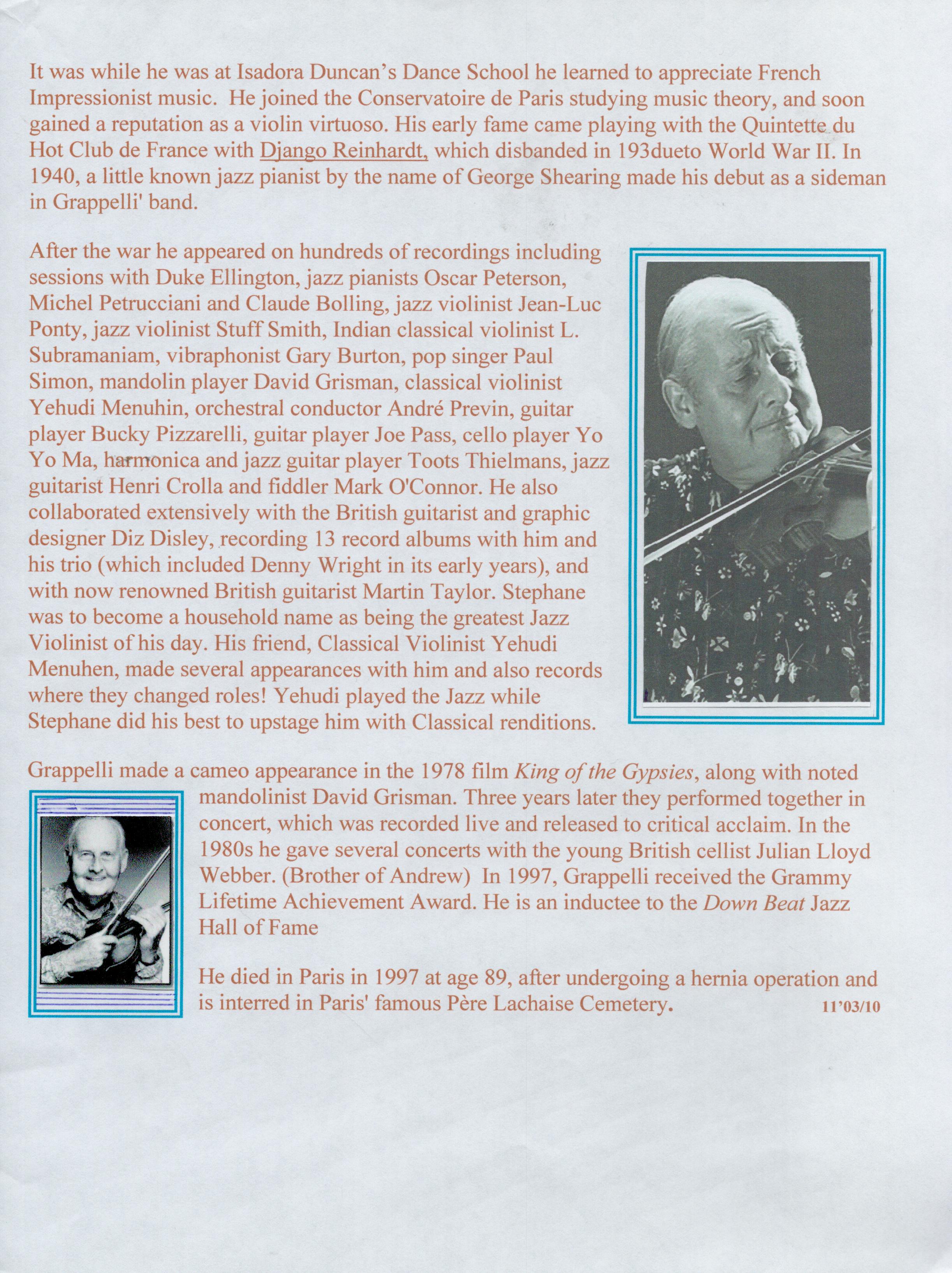 Stephane Grappelli signature piece. Comes with bio page. Good Condition. All autographs come with - Image 2 of 2