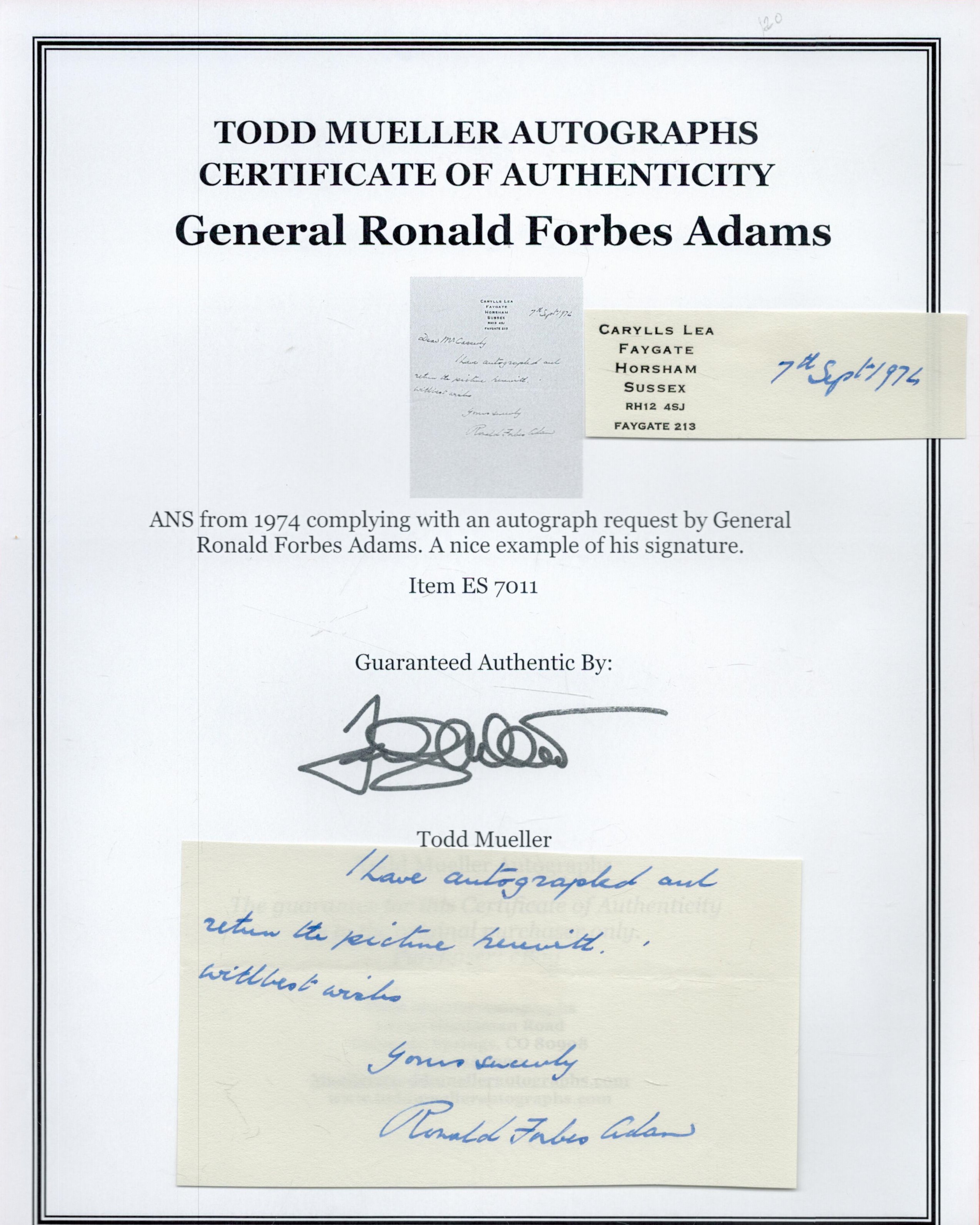 General Ronald F Adams Signed Part of ALS Dated 7th September 1974 in Blue inkAll autographs come