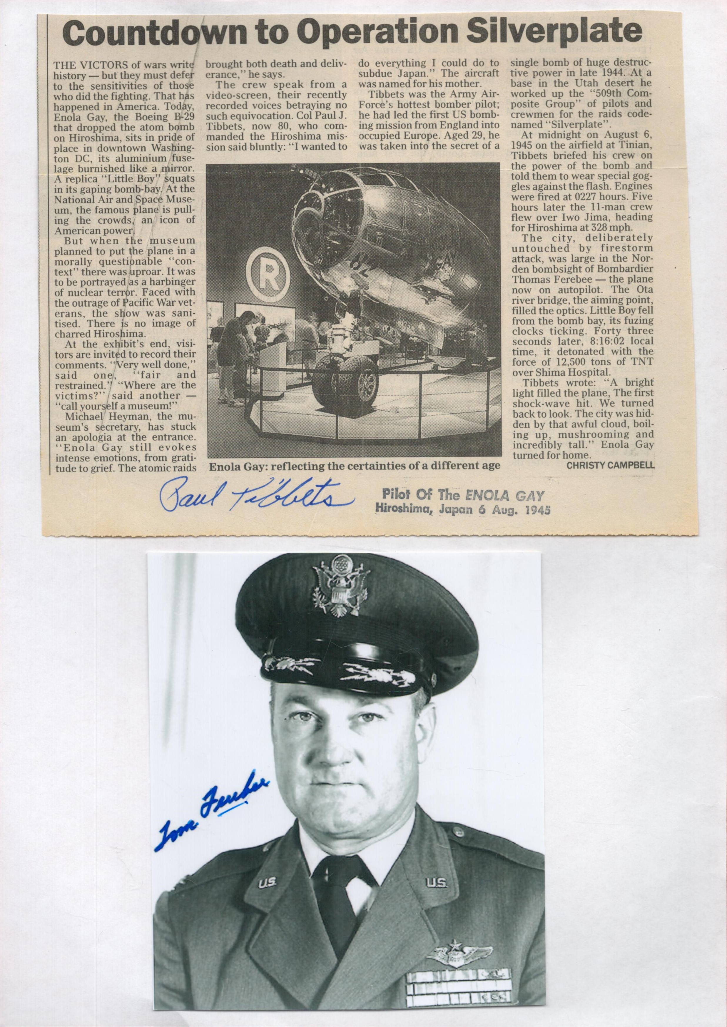 Enola Gay Pilots Paul Tibbets and Tom Ferebee Signed Items. Tibbets Signed on Newspaper Clipping,