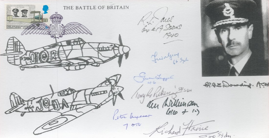 Battle of Britain Spitfire, Hurricane and Dowding Card Signed by 7 Battle of Britain Pilots, Crew.