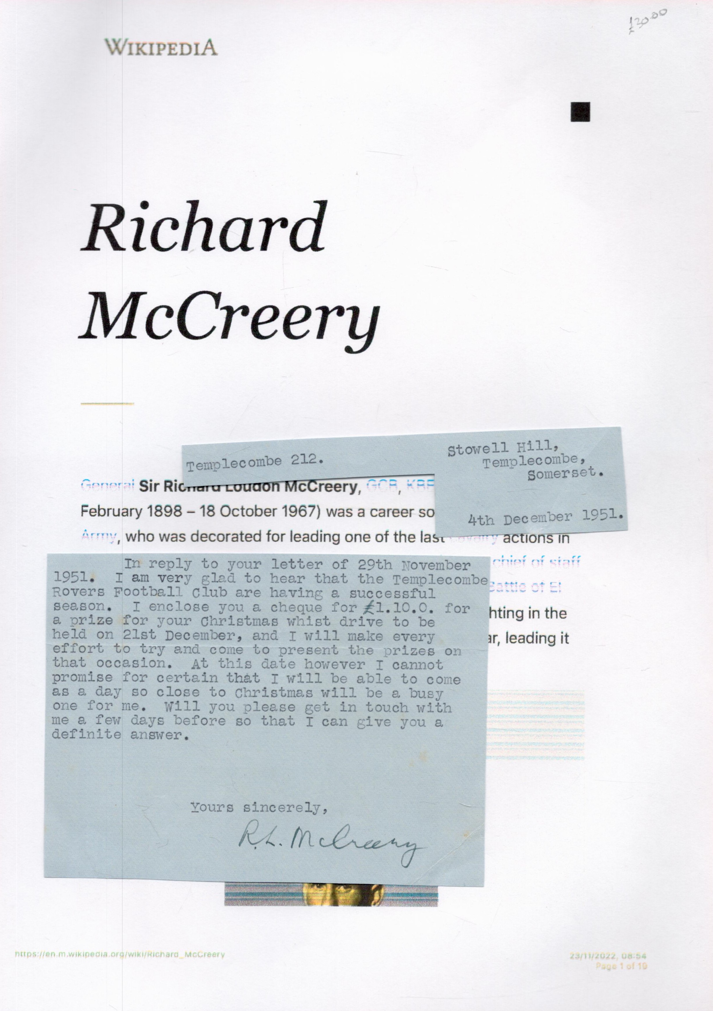 General Sir Richard L McCreery, GCB, KBE, DSO, MC Signed TLS Dated 4th December 1951. Letter has